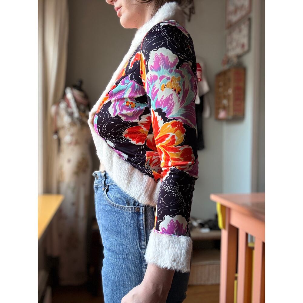 Vintage 70s Floral Faux Fur Trim Cropped Jacket | Disco Glam Bolero | M - Picture 7 of 13